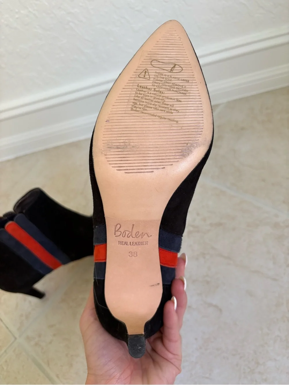 Boden Black Suede Ankle Boots with Navy and Red Stripes size 38